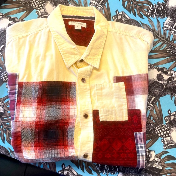 SUN AND STONE MENS CORDUROY PLAID PATCHWORK DRESS SHIRT - Picture 2 of 3